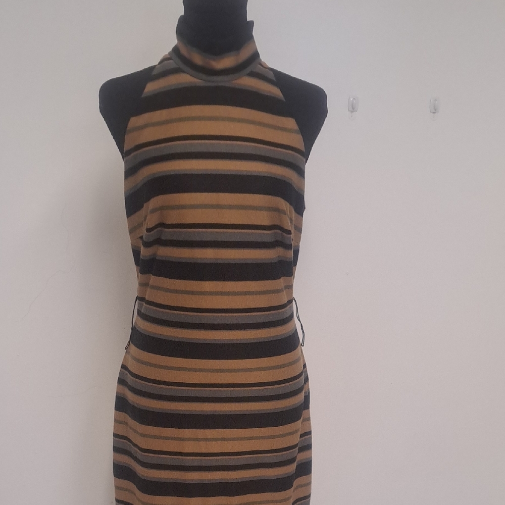 Bisou Bisou One-Shoulder Striped Knit Dress in Brown and Black